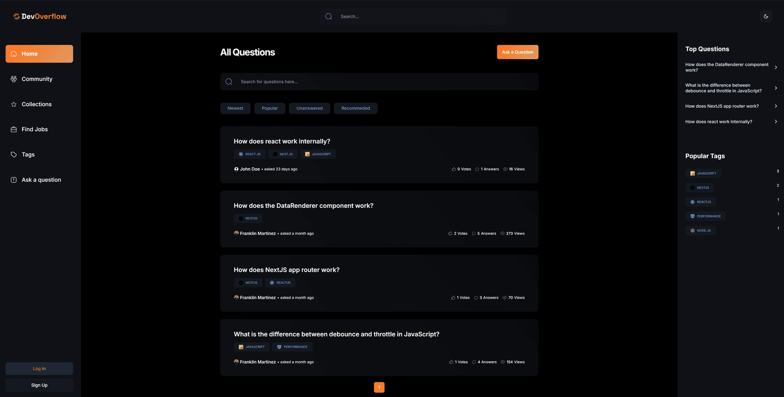 Screenshot of DevFlow Q&A Platform